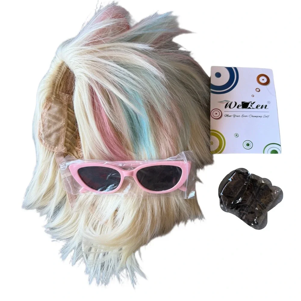 NWT WeKen Weird Barbie Blonde Pink Blue Spiky Wig Sunglasses Cap Costume Set